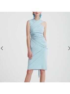 PAISIE shoulder draped sheath dress , Light blue, Size 10